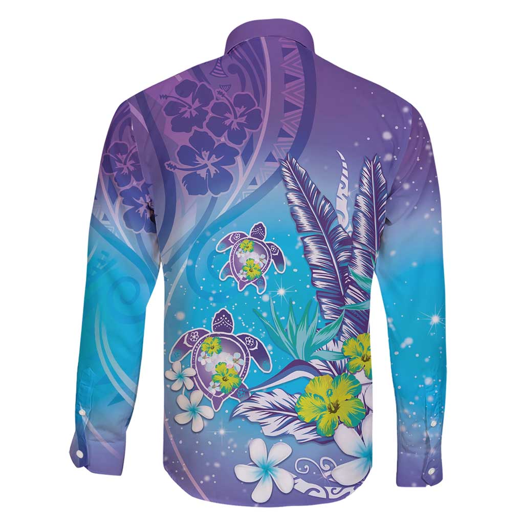 Hawaii Honu Family Matching Short Sleeve Bodycon Dress and Hawaiian Shirt Tropical Flowers Purple Gradient