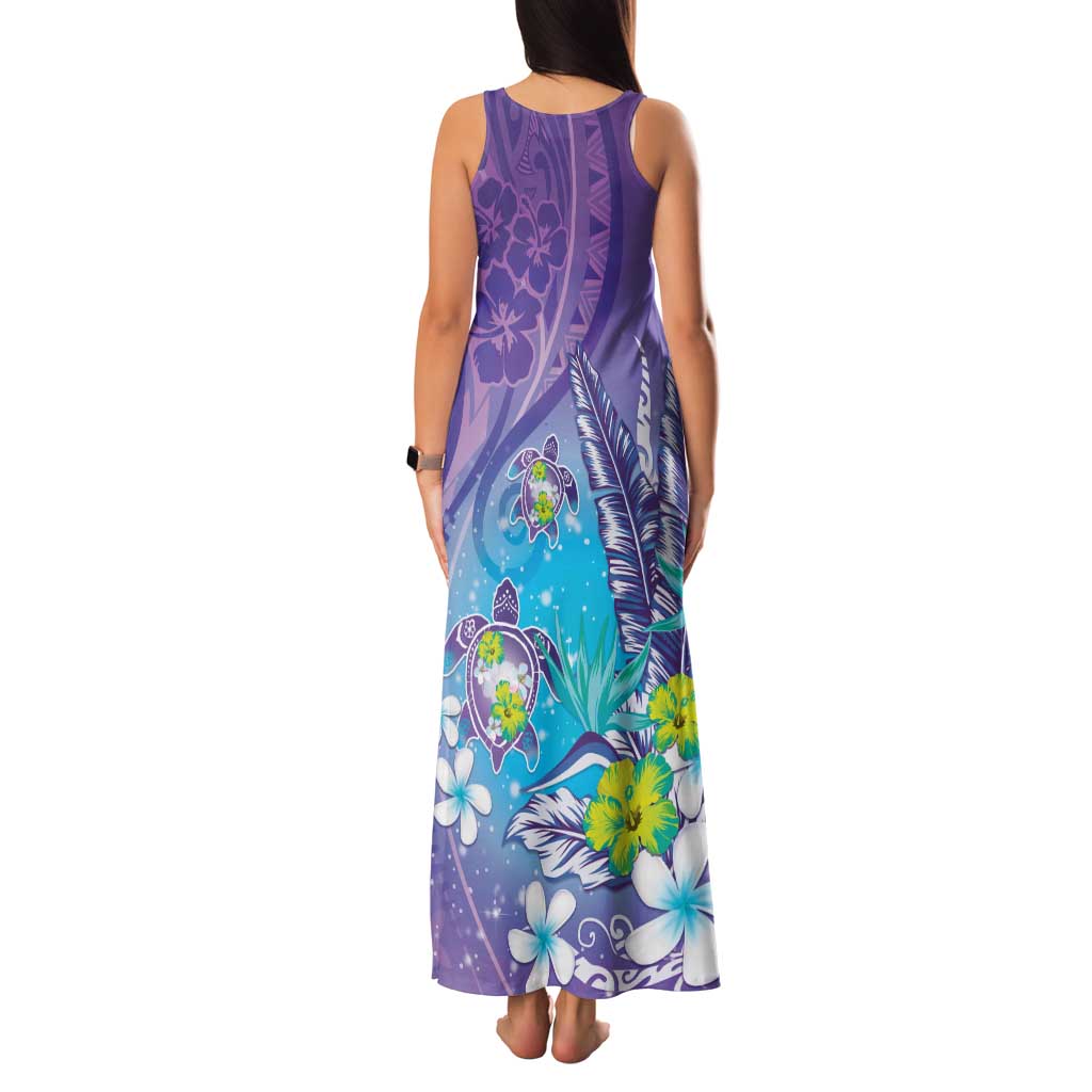 Hawaii Honu Family Matching Tank Maxi Dress and Hawaiian Shirt Tropical Flowers Purple Gradient