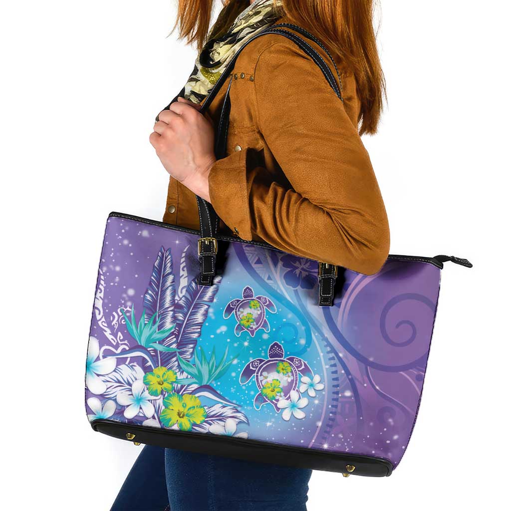 Hawaii Honu Leather Tote Bag - Tropical Flowers Purple Gradient LT05 Purple - Polynesian Pride