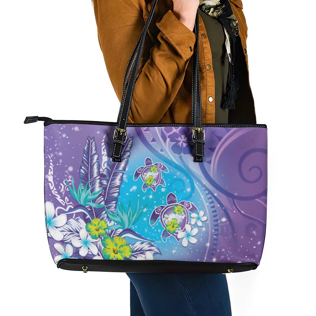 Hawaii Honu Leather Tote Bag - Tropical Flowers Purple Gradient LT05 - Polynesian Pride