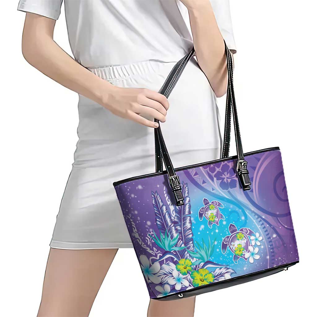 Hawaii Honu Leather Tote Bag - Tropical Flowers Purple Gradient LT05 - Polynesian Pride