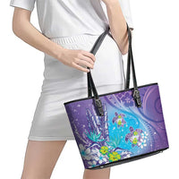 Hawaii Honu Leather Tote Bag - Tropical Flowers Purple Gradient LT05 - Polynesian Pride