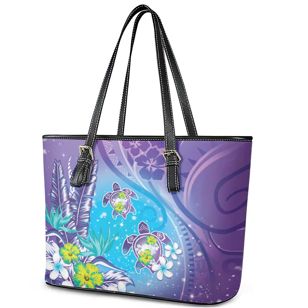 Hawaii Honu Leather Tote Bag - Tropical Flowers Purple Gradient LT05 - Polynesian Pride