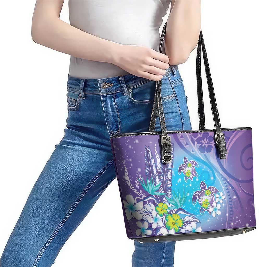 Hawaii Honu Leather Tote Bag - Tropical Flowers Purple Gradient LT05 - Polynesian Pride