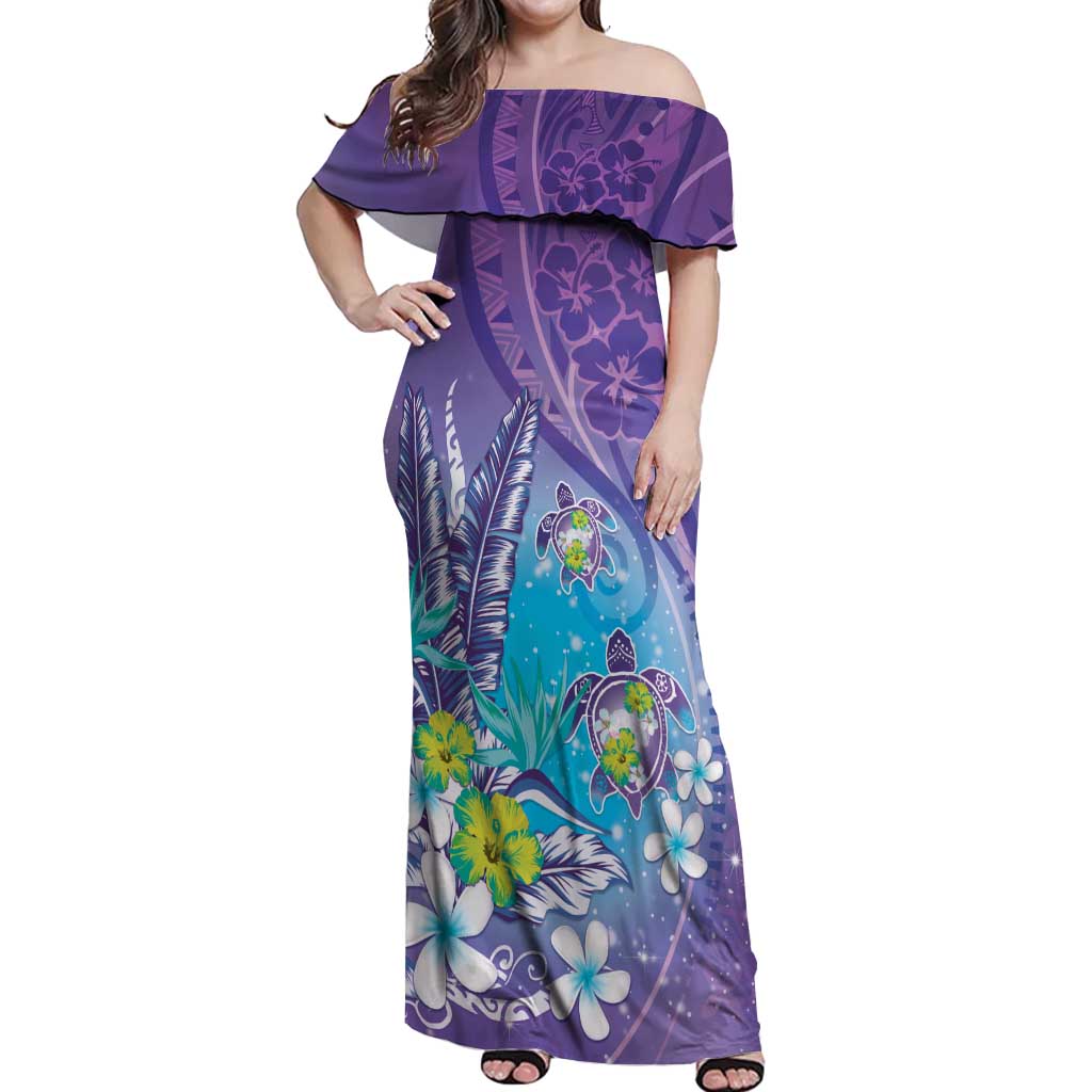 Hawaii Honu Off Shoulder Maxi Dress Tropical Flowers Purple Gradient LT05 Women Purple - Polynesian Pride
