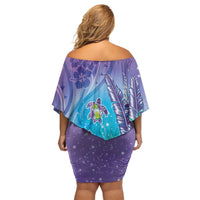 Hawaii Honu Off Shoulder Short Dress Tropical Flowers Purple Gradient LT05 - Polynesian Pride