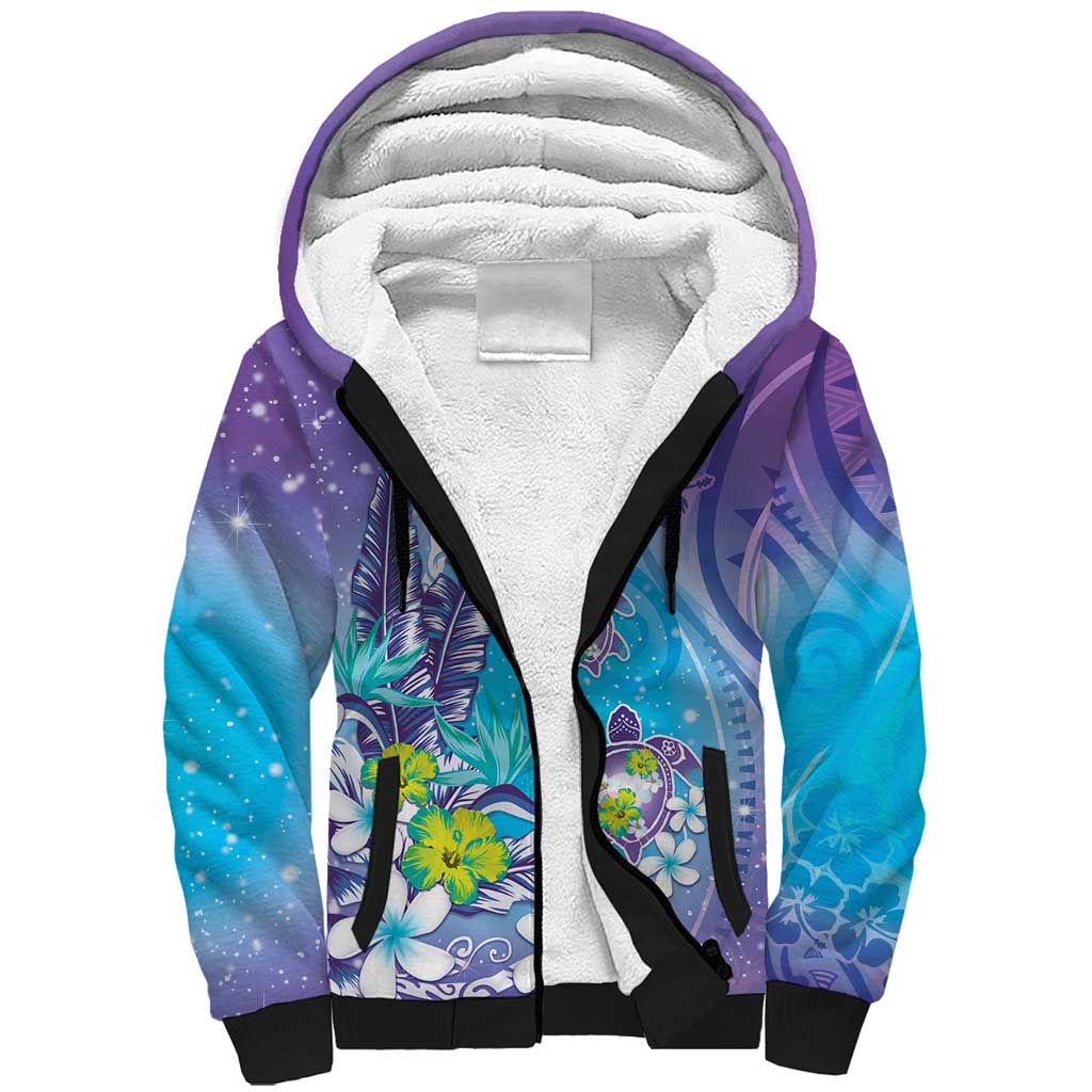 Hawaii Honu Sherpa Hoodie Tropical Flowers Purple Gradient LT05 Unisex Purple - Polynesian Pride