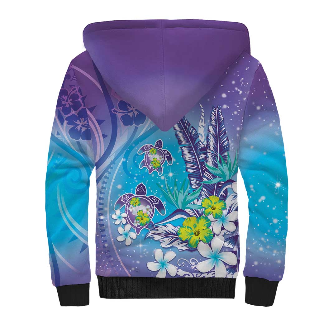 Hawaii Honu Sherpa Hoodie Tropical Flowers Purple Gradient LT05 - Polynesian Pride