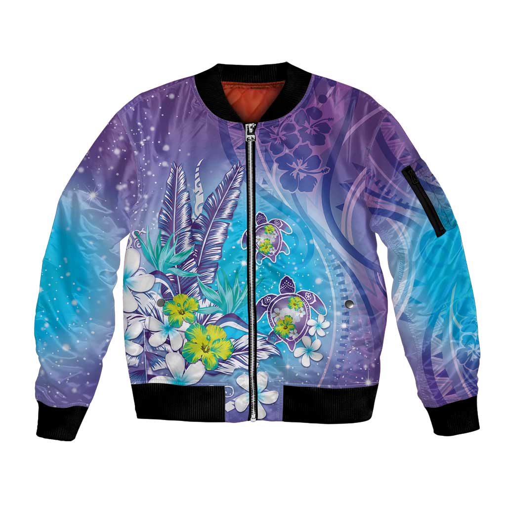 Hawaii Honu Sleeve Zip Bomber Jacket - Tropical Flowers Purple Gradient LT05 Unisex Purple - Polynesian Pride