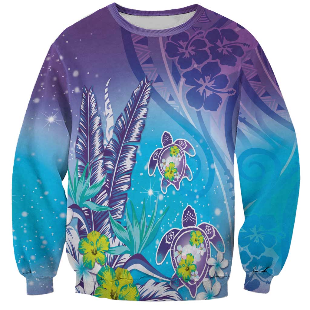 Hawaii Honu Sweatshirt Tropical Flowers Purple Gradient LT05 Unisex Purple - Polynesian Pride
