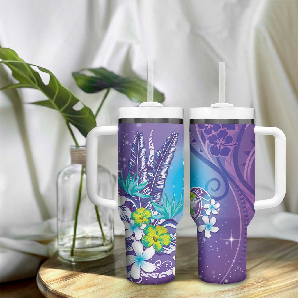 Hawaii Honu Tumbler With Handle Tropical Flowers Purple Gradient