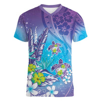 Hawaii Honu Women V-Neck T-Shirt Tropical Flowers Purple Gradient LT05 Female Purple - Polynesian Pride