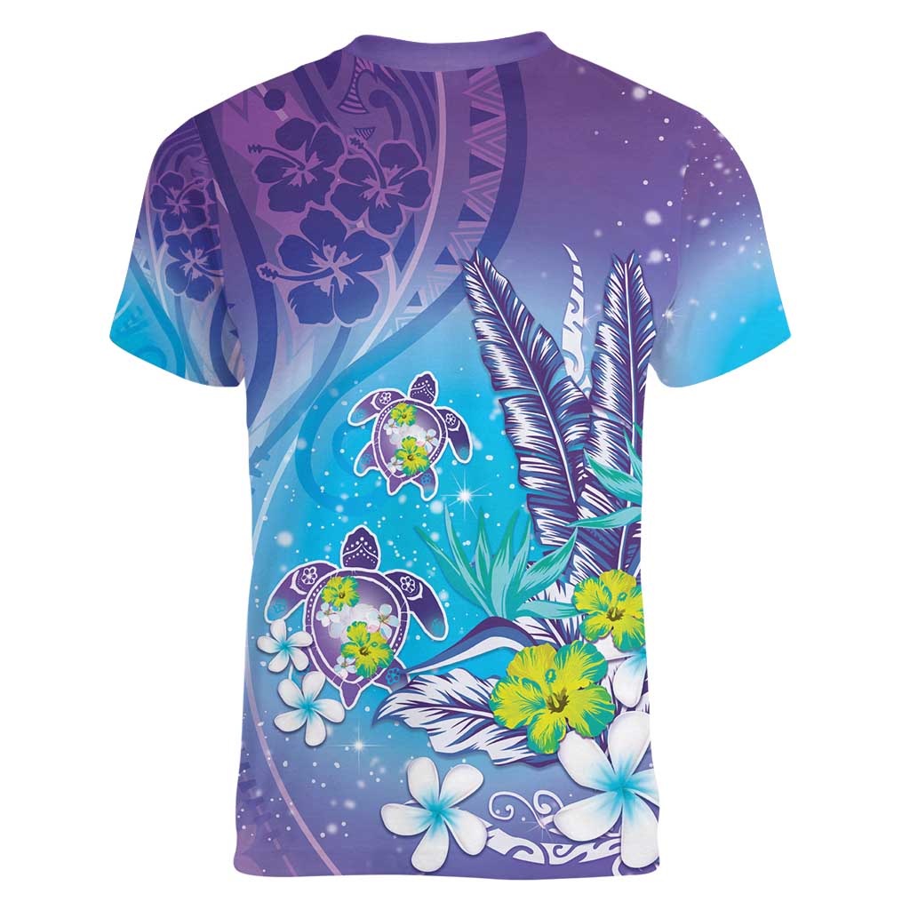 Hawaii Honu Women V-Neck T-Shirt Tropical Flowers Purple Gradient LT05 - Polynesian Pride