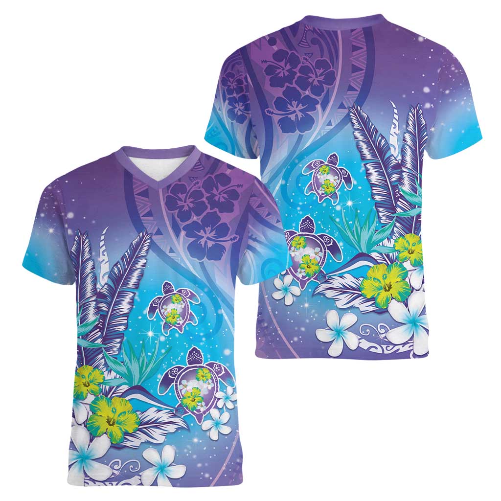 Hawaii Honu Women V-Neck T-Shirt Tropical Flowers Purple Gradient LT05 - Polynesian Pride