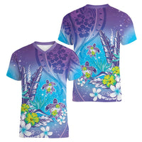 Hawaii Honu Women V-Neck T-Shirt Tropical Flowers Purple Gradient LT05 - Polynesian Pride