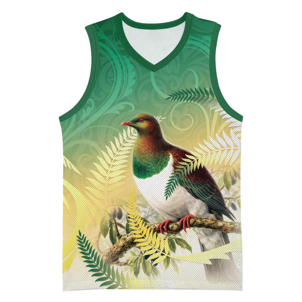 New Zealand Pigeon Kereru Basketball Jersey Maori Fern Art Green Gradient - Polynesian Pride