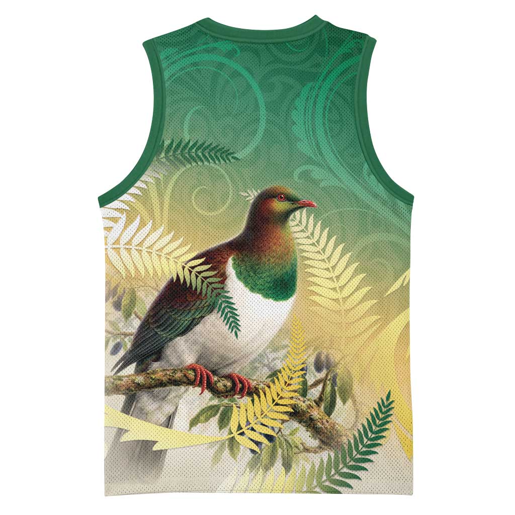 New Zealand Pigeon Kereru Basketball Jersey Maori Fern Art Green Gradient - Polynesian Pride