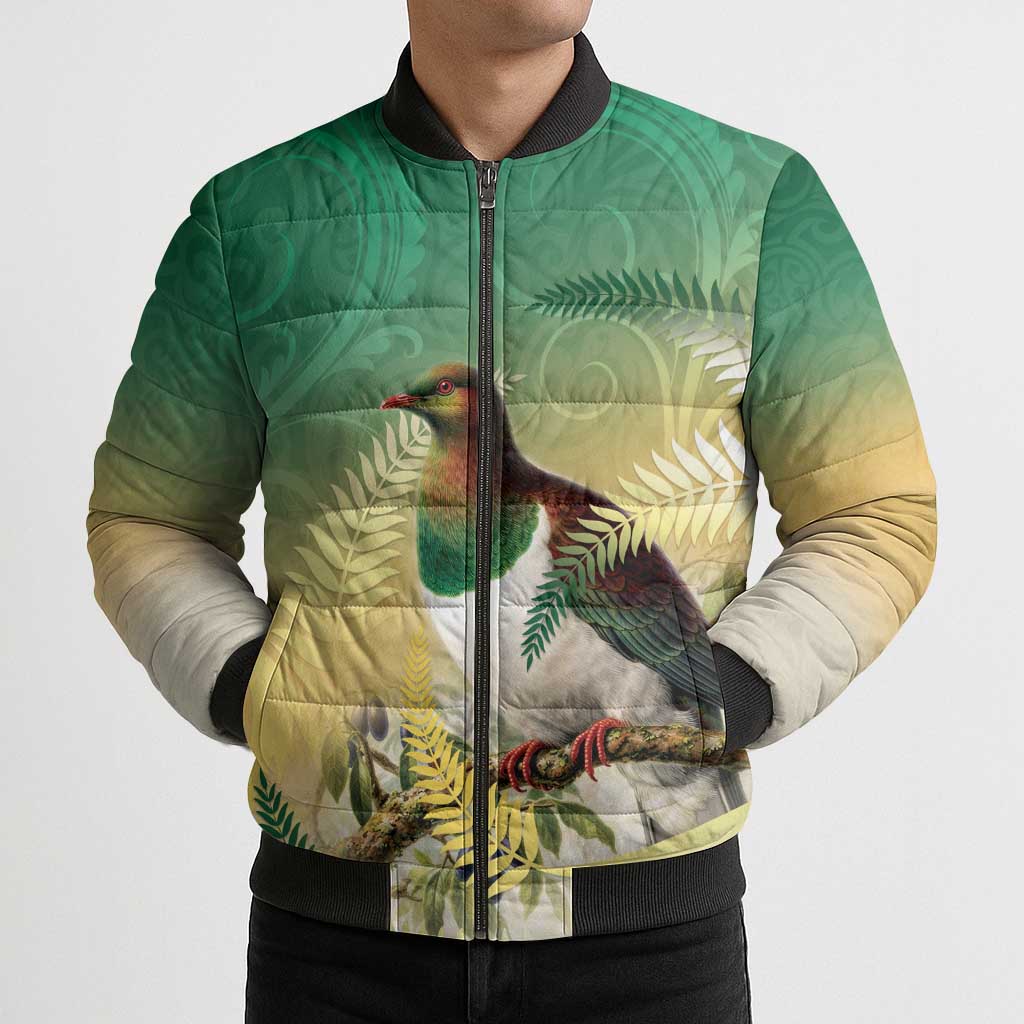 New Zealand Pigeon Kereru Bomber Puffer Jacket Maori Fern Art Green Gradient LT05 - Polynesian Pride
