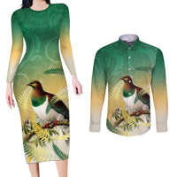 New Zealand Pigeon Kereru Couples Matching Long Sleeve Bodycon Dress and Long Sleeve Button Shirt Maori Fern Art Green Gradient - Polynesian Pride