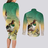 New Zealand Pigeon Kereru Couples Matching Long Sleeve Bodycon Dress and Long Sleeve Button Shirt Maori Fern Art Green Gradient - Polynesian Pride