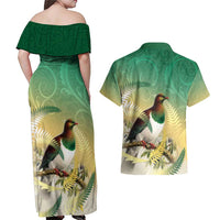 New Zealand Pigeon Kereru Couples Matching Off Shoulder Maxi Dress and Hawaiian Shirt Maori Fern Art Green Gradient - Polynesian Pride
