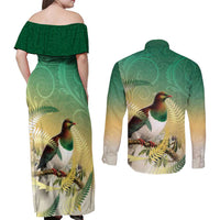 New Zealand Pigeon Kereru Couples Matching Off Shoulder Maxi Dress and Long Sleeve Button Shirt Maori Fern Art Green Gradient - Polynesian Pride