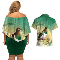 New Zealand Pigeon Kereru Couples Matching Off Shoulder Short Dress and Hawaiian Shirt Maori Fern Art Green Gradient - Polynesian Pride