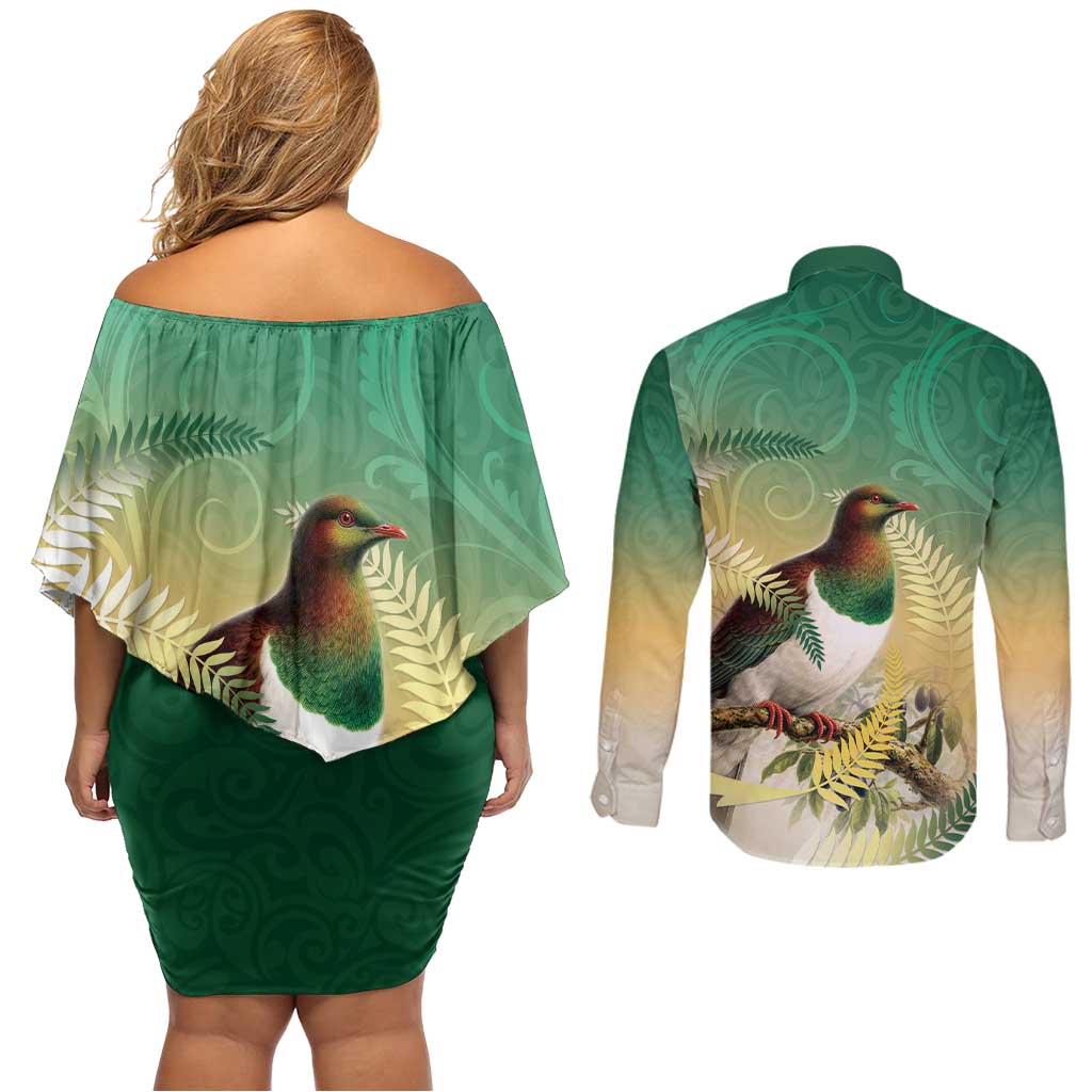 New Zealand Pigeon Kereru Couples Matching Off Shoulder Short Dress and Long Sleeve Button Shirt Maori Fern Art Green Gradient - Polynesian Pride