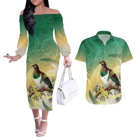 New Zealand Pigeon Kereru Couples Matching Off The Shoulder Long Sleeve Dress and Hawaiian Shirt Maori Fern Art Green Gradient - Polynesian Pride