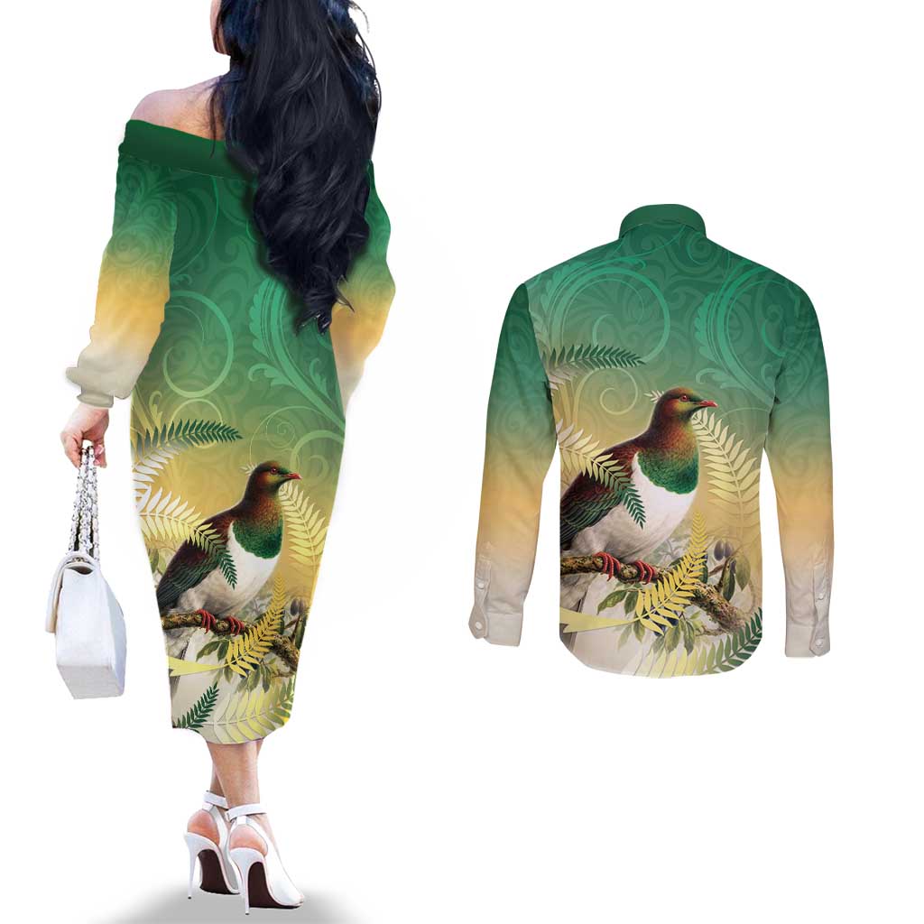 New Zealand Pigeon Kereru Couples Matching Off The Shoulder Long Sleeve Dress and Long Sleeve Button Shirt Maori Fern Art Green Gradient - Polynesian Pride