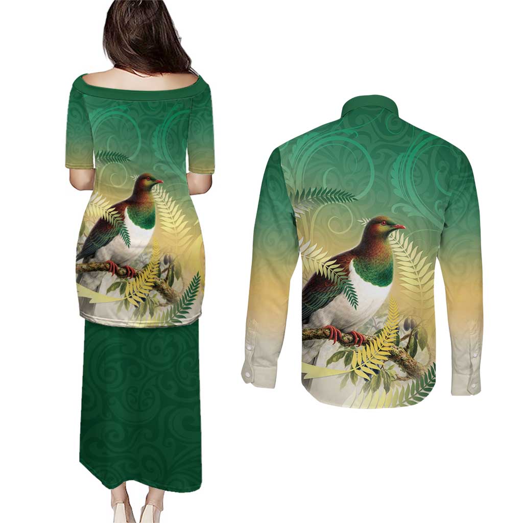 New Zealand Pigeon Kereru Couples Matching Puletasi and Long Sleeve Button Shirt Maori Fern Art Green Gradient - Polynesian Pride