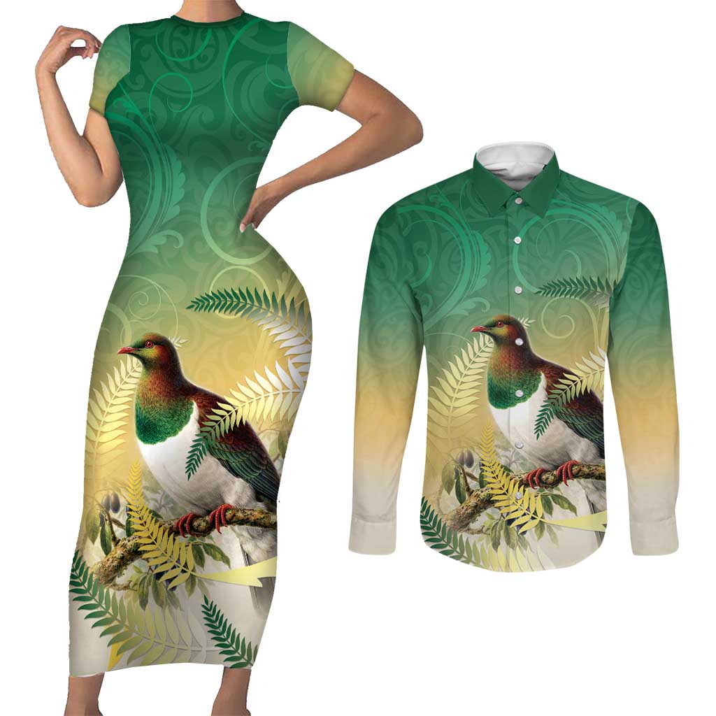 New Zealand Pigeon Kereru Couples Matching Short Sleeve Bodycon Dress and Long Sleeve Button Shirt Maori Fern Art Green Gradient - Polynesian Pride
