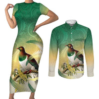 New Zealand Pigeon Kereru Couples Matching Short Sleeve Bodycon Dress and Long Sleeve Button Shirt Maori Fern Art Green Gradient - Polynesian Pride