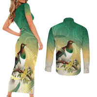 New Zealand Pigeon Kereru Couples Matching Short Sleeve Bodycon Dress and Long Sleeve Button Shirt Maori Fern Art Green Gradient - Polynesian Pride