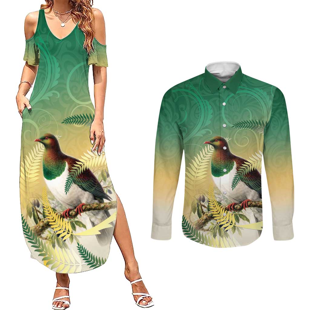 New Zealand Pigeon Kereru Couples Matching Summer Maxi Dress and Long Sleeve Button Shirt Maori Fern Art Green Gradient - Polynesian Pride