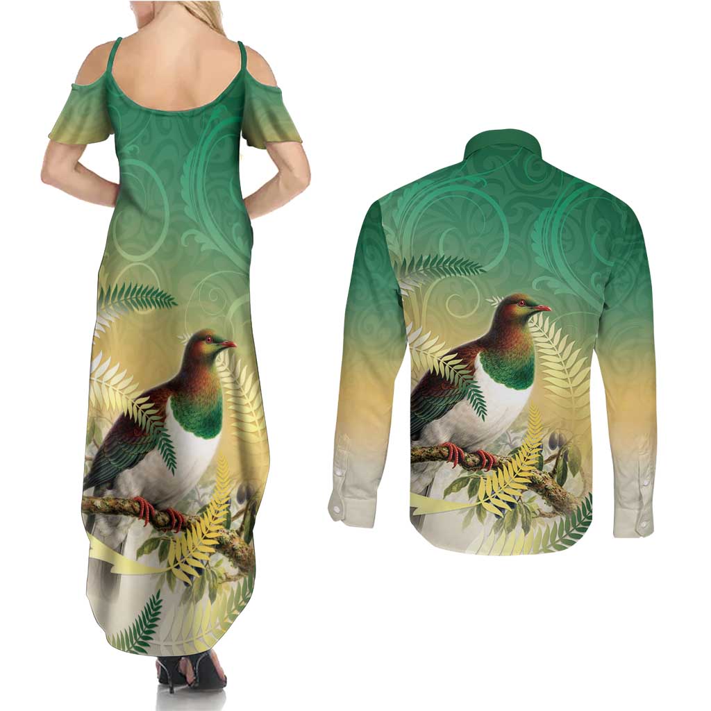 New Zealand Pigeon Kereru Couples Matching Summer Maxi Dress and Long Sleeve Button Shirt Maori Fern Art Green Gradient - Polynesian Pride