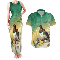 New Zealand Pigeon Kereru Couples Matching Tank Maxi Dress and Hawaiian Shirt Maori Fern Art Green Gradient - Polynesian Pride