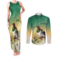 New Zealand Pigeon Kereru Couples Matching Tank Maxi Dress and Long Sleeve Button Shirt Maori Fern Art Green Gradient - Polynesian Pride