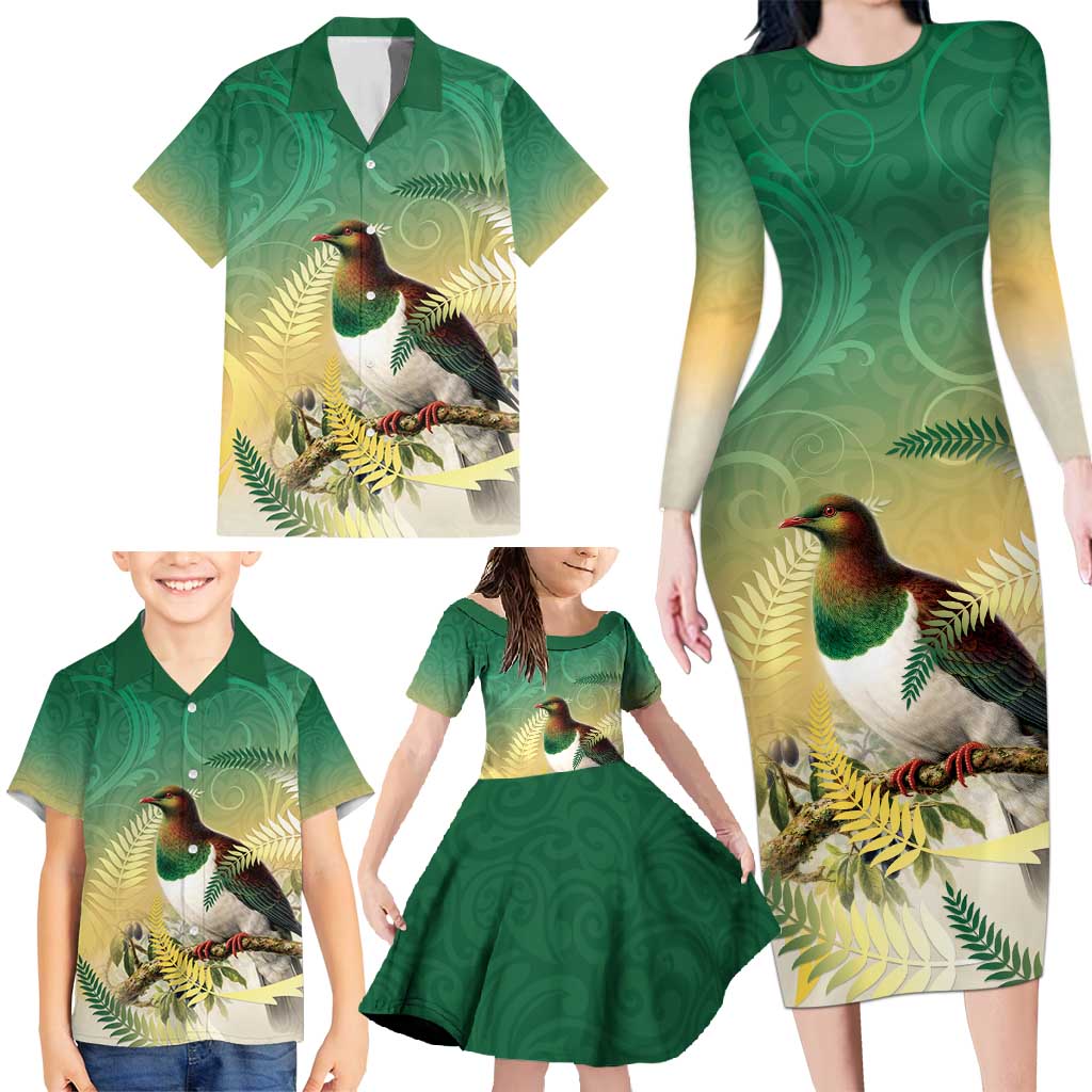 New Zealand Pigeon Kereru Family Matching Long Sleeve Bodycon Dress and Hawaiian Shirt Maori Fern Art Green Gradient - Polynesian Pride
