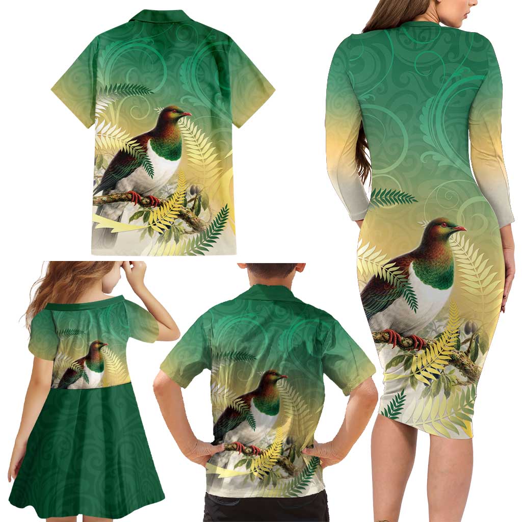New Zealand Pigeon Kereru Family Matching Long Sleeve Bodycon Dress and Hawaiian Shirt Maori Fern Art Green Gradient - Polynesian Pride