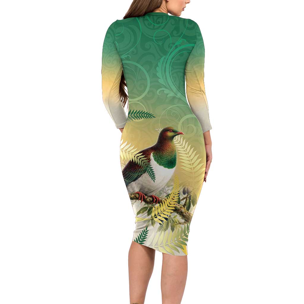 New Zealand Pigeon Kereru Family Matching Long Sleeve Bodycon Dress and Hawaiian Shirt Maori Fern Art Green Gradient - Polynesian Pride