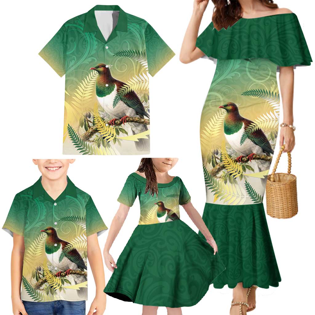 New Zealand Pigeon Kereru Family Matching Mermaid Dress and Hawaiian Shirt Maori Fern Art Green Gradient - Polynesian Pride