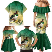 New Zealand Pigeon Kereru Family Matching Mermaid Dress and Hawaiian Shirt Maori Fern Art Green Gradient - Polynesian Pride