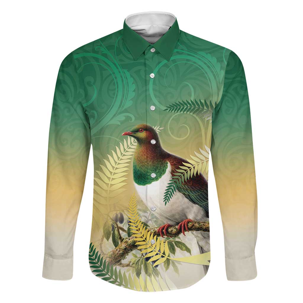 New Zealand Pigeon Kereru Family Matching Mermaid Dress and Hawaiian Shirt Maori Fern Art Green Gradient - Polynesian Pride