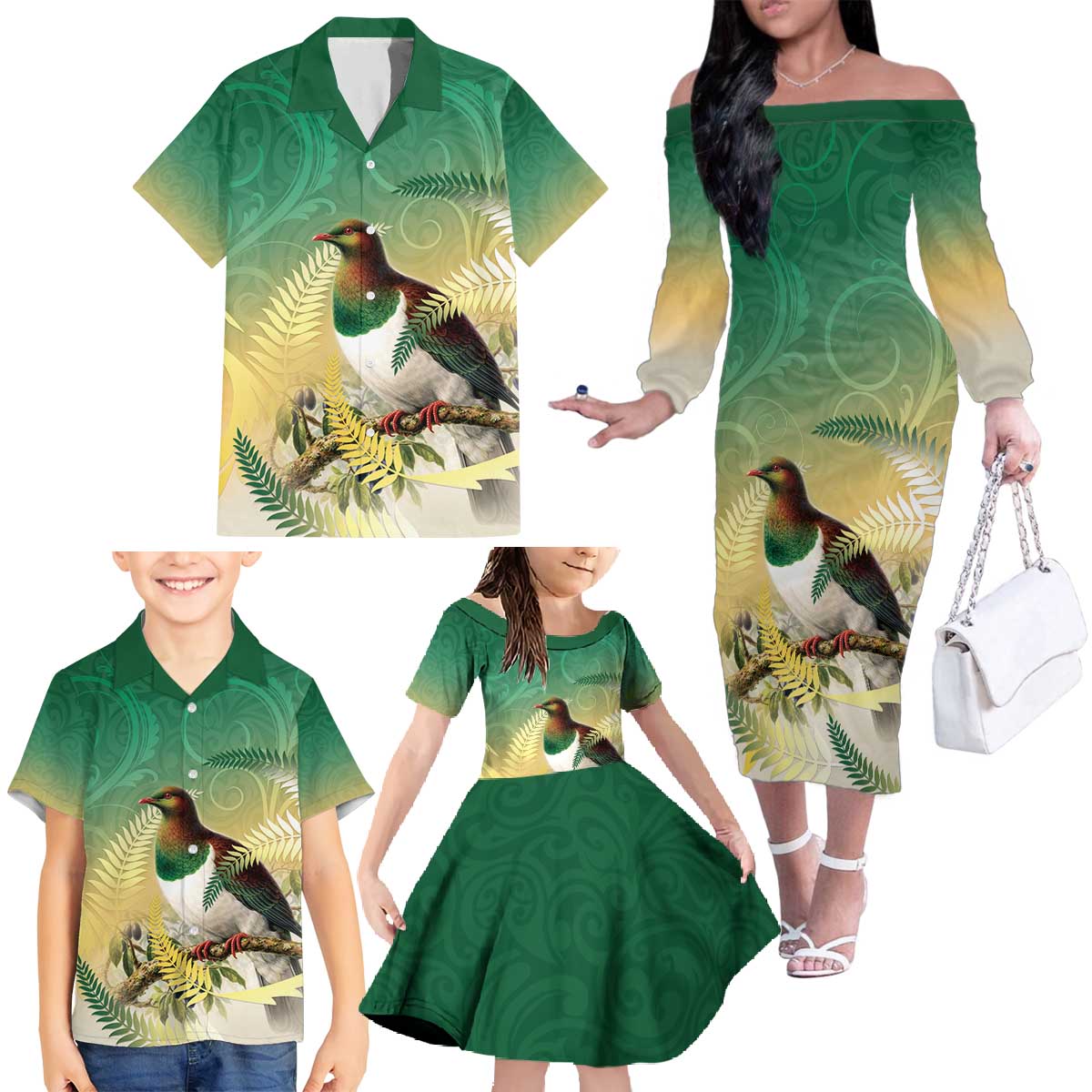 New Zealand Pigeon Kereru Family Matching Off The Shoulder Long Sleeve Dress and Hawaiian Shirt Maori Fern Art Green Gradient - Polynesian Pride