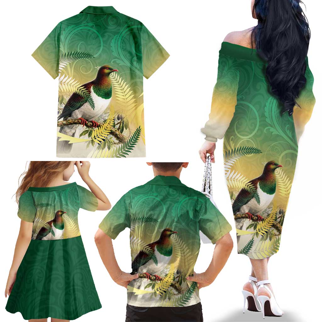 New Zealand Pigeon Kereru Family Matching Off The Shoulder Long Sleeve Dress and Hawaiian Shirt Maori Fern Art Green Gradient - Polynesian Pride