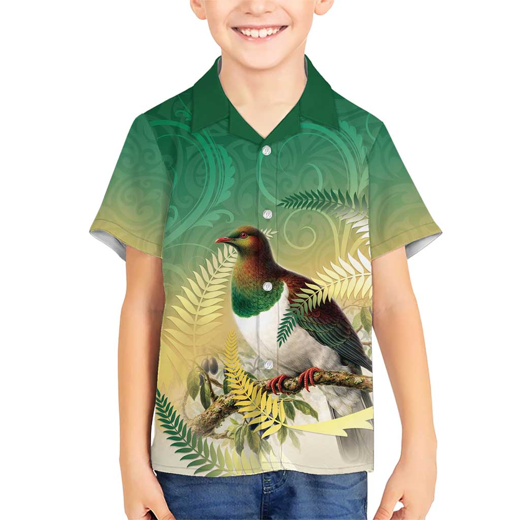 New Zealand Pigeon Kereru Family Matching Off The Shoulder Long Sleeve Dress and Hawaiian Shirt Maori Fern Art Green Gradient - Polynesian Pride