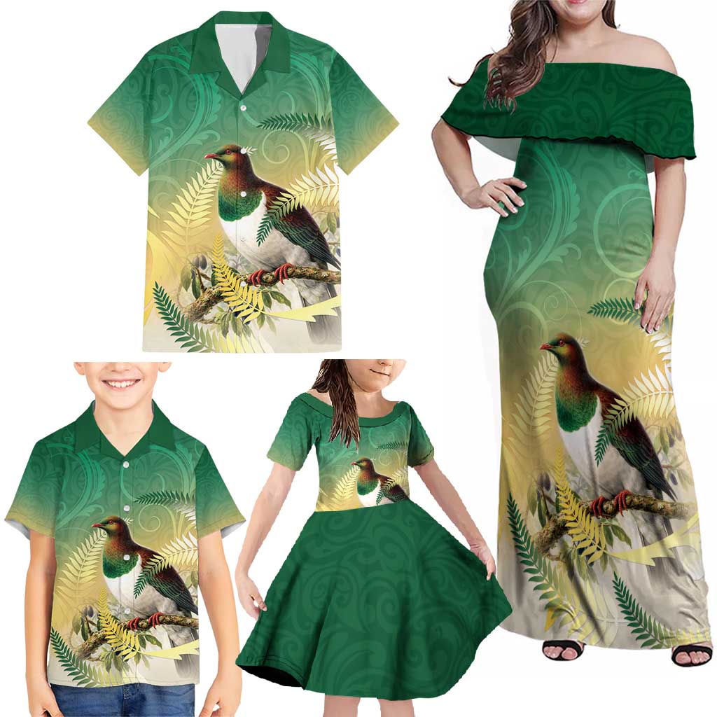 New Zealand Pigeon Kereru Family Matching Off Shoulder Maxi Dress and Hawaiian Shirt Maori Fern Art Green Gradient - Polynesian Pride