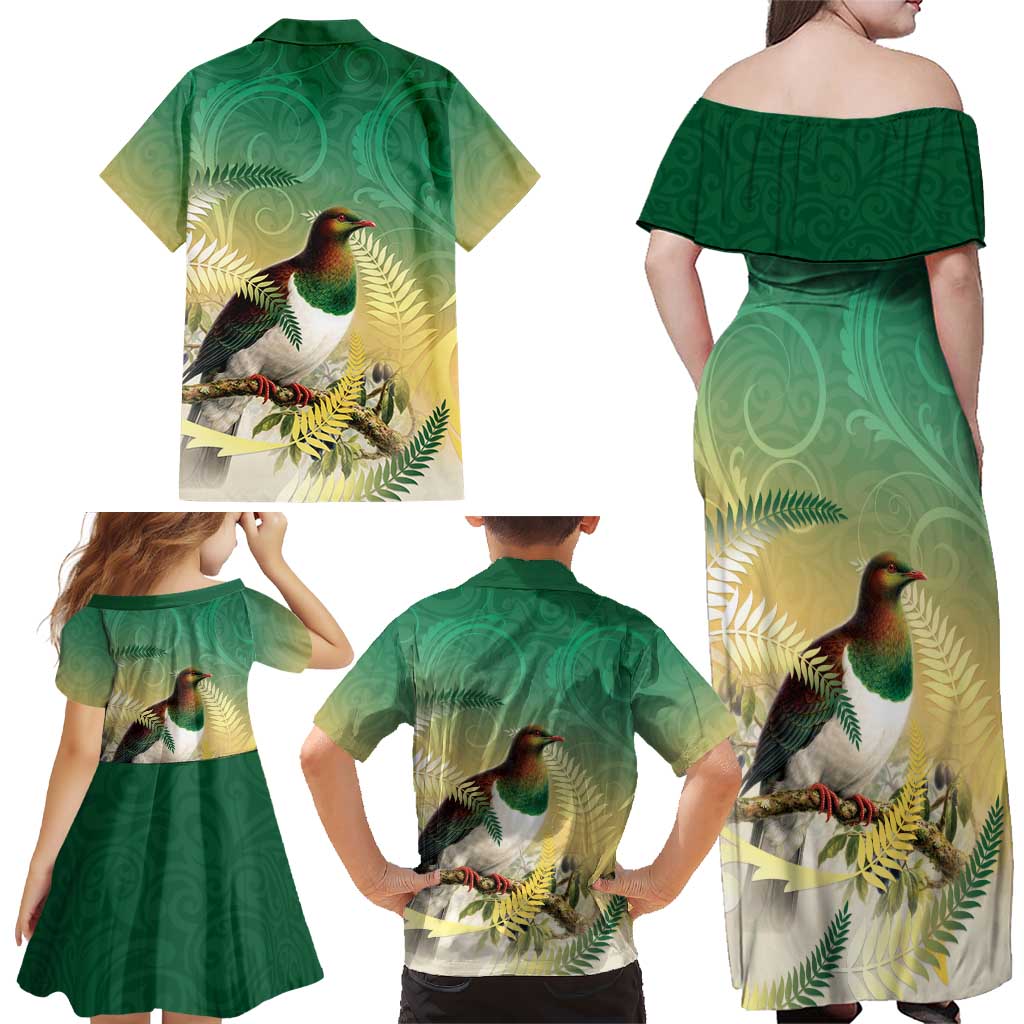 New Zealand Pigeon Kereru Family Matching Off Shoulder Maxi Dress and Hawaiian Shirt Maori Fern Art Green Gradient - Polynesian Pride