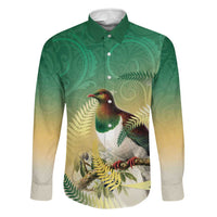 New Zealand Pigeon Kereru Family Matching Off Shoulder Maxi Dress and Hawaiian Shirt Maori Fern Art Green Gradient - Polynesian Pride